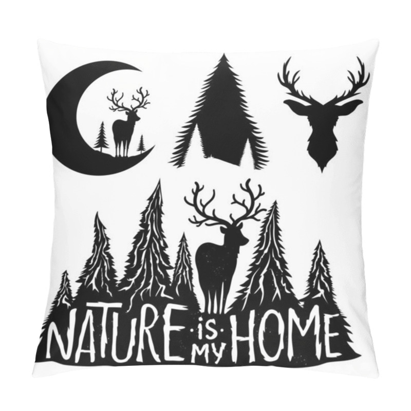 Personality  Vector Set With Deers, Moon And Pine Trees. Nature Is My Home Lettering Quote. Pillow Covers