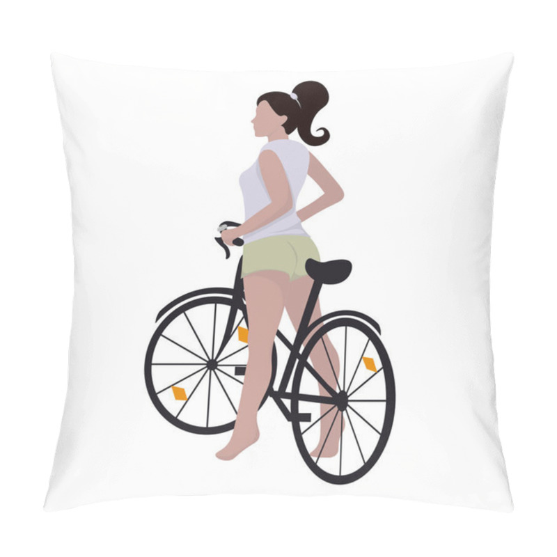 Personality  Tanned Girl With Black Hair Piled In A Ponytail, In A T-shirt And Shorts, On A Bicycle, Isolated On A White Background. Vector Illustration Pillow Covers