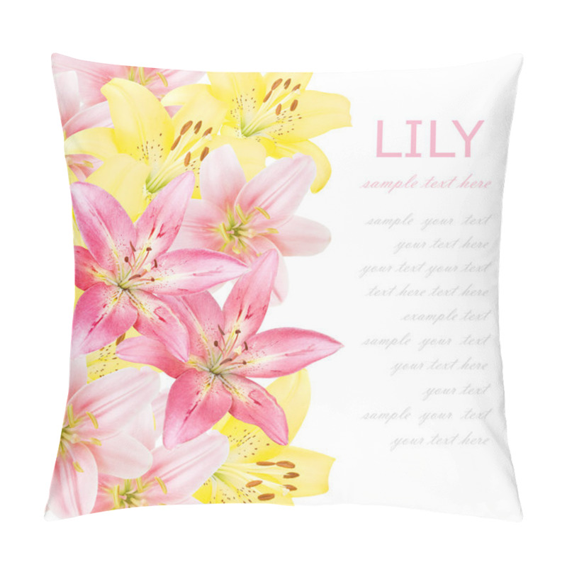 Personality  Lily Flowers Background Isolated On White With Sample Text Pillow Covers