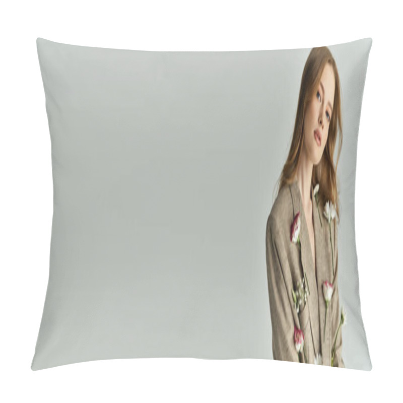 Personality  A Young Woman Stands Gracefully Surrounded By Delicate Blossoms. Pillow Covers