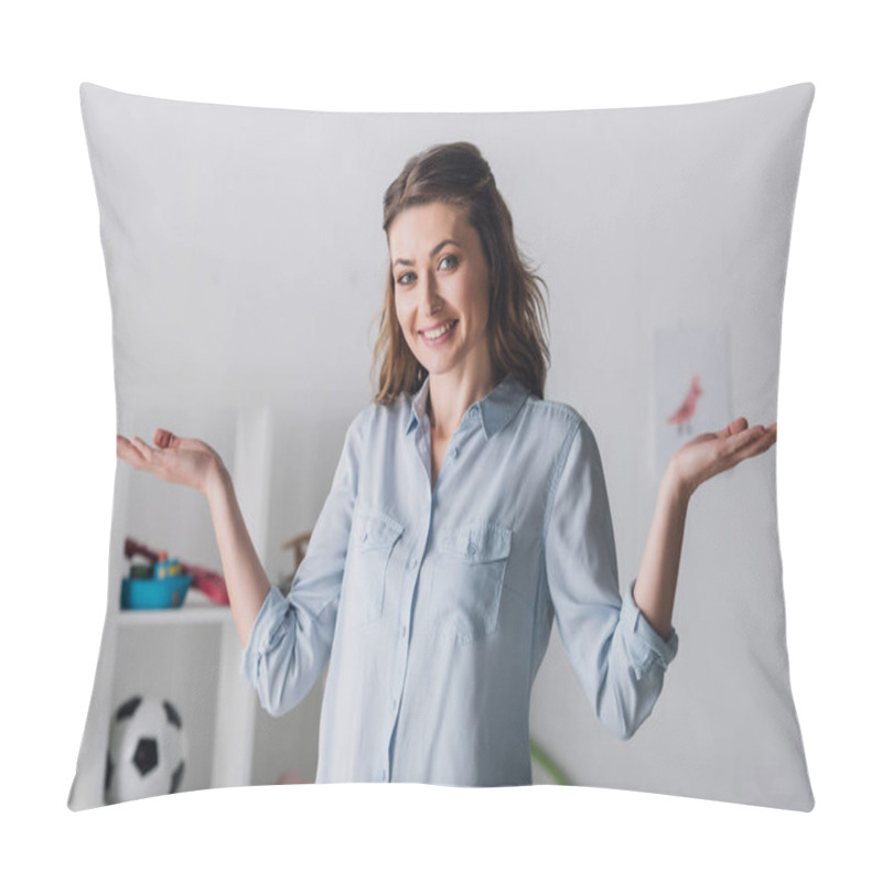 Personality  Smiling Adult Woman Shrugging Shoulders And Looking At Camera Pillow Covers