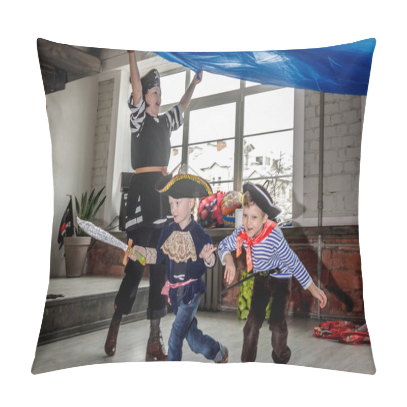 Personality  RUSSIA, YAROSLAVL - 17 FEB. 2018: Happy Group Of Children At A Birthday Celebration Dressed In The Style Of Pirates With An Animator, Contests And Bubbles Play Games In A Large Room With Loft Style Pillow Covers