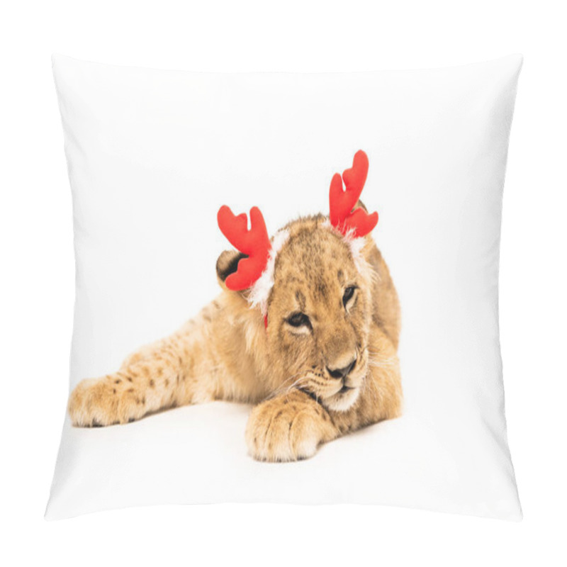 Personality  Cute Lion Cub In Red Deer Horns Headband Isolated On White Pillow Covers