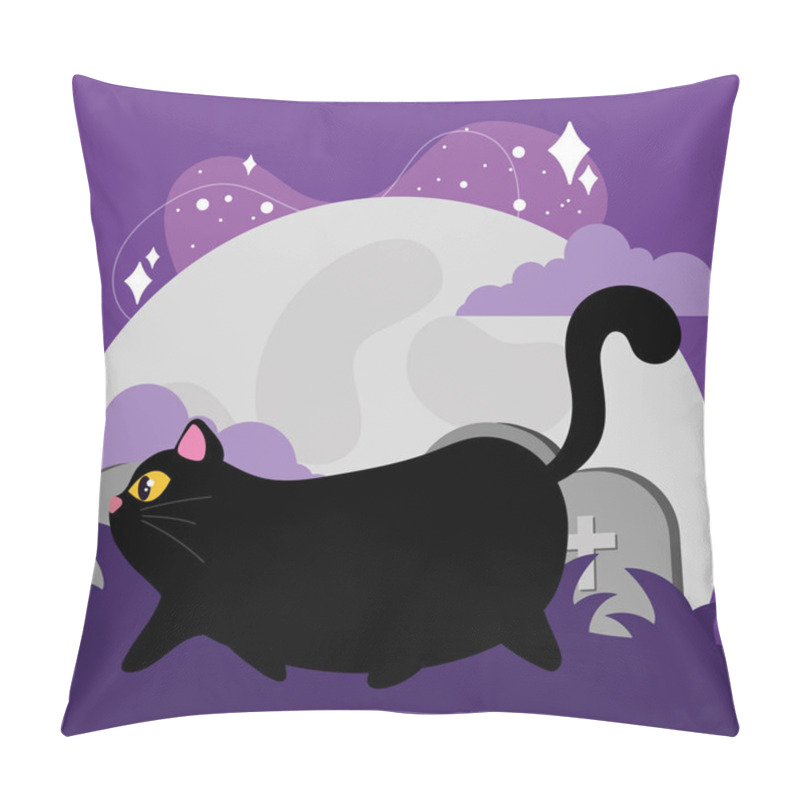 Personality  Halloween Black Cat Walking Near Gravestones With Full Moon And Spooky Atmosphere, Vector Illustration Pillow Covers