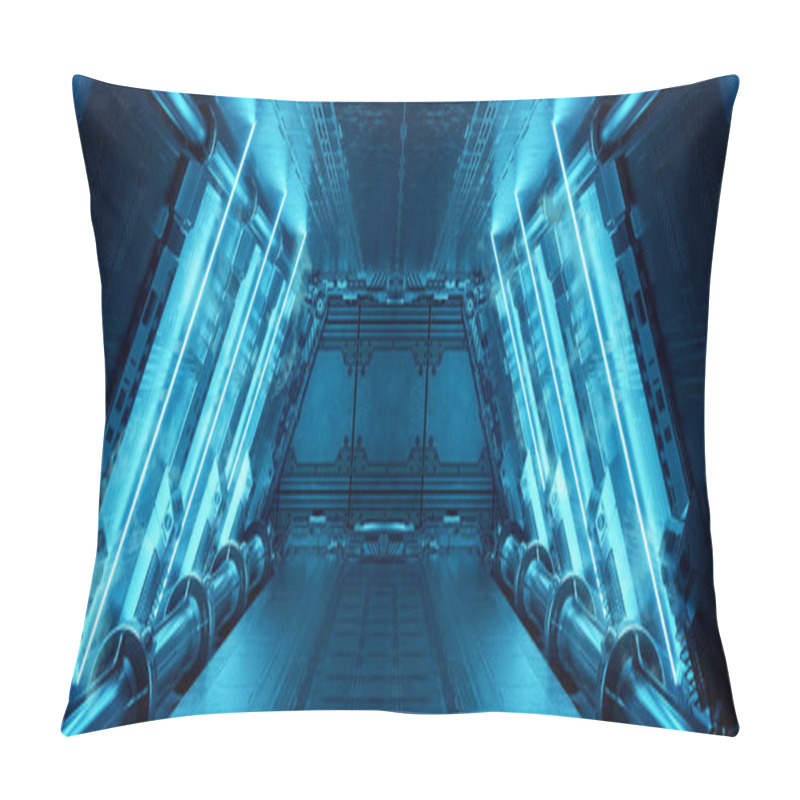 Personality  Blue Spaceship Interior With Neon Lights On Panel Walls. Futuristic Modern Corridor In Space Station Background. 3d Rendering Pillow Covers