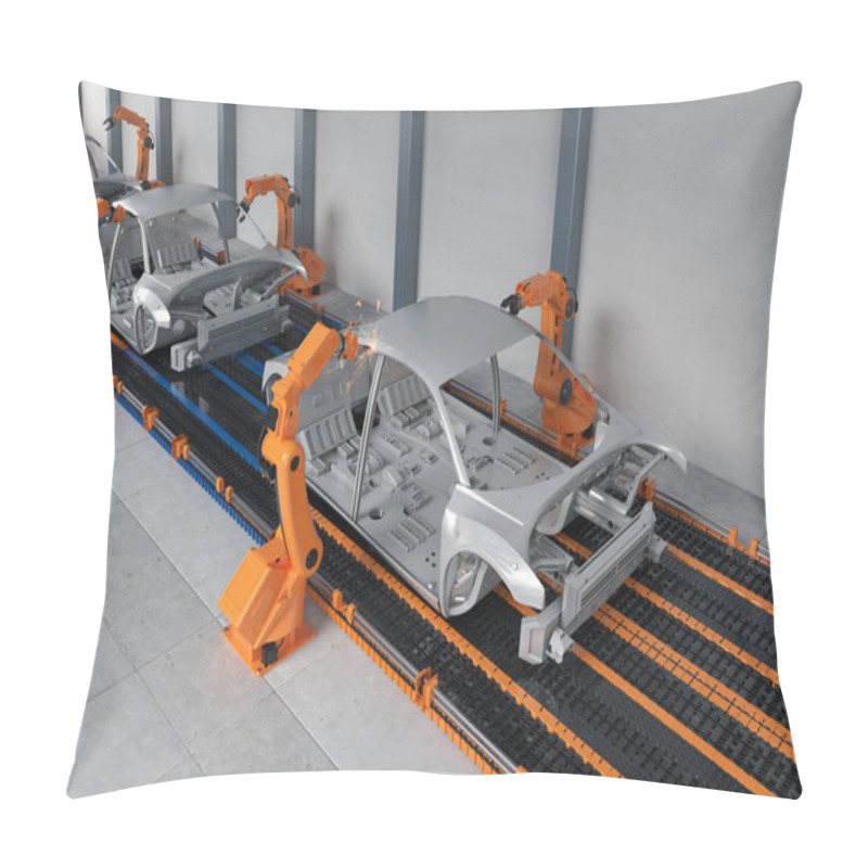 Personality  Automation Automobile Factory Concept With 3d Rendering Robot Assembly Line In Car Factory Pillow Covers