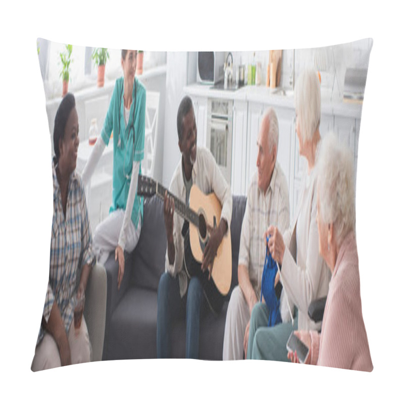 Personality  Smiling Interracial Elderly People Playing Acoustic Guitar Near Nurse In Nursing Home, Banner  Pillow Covers