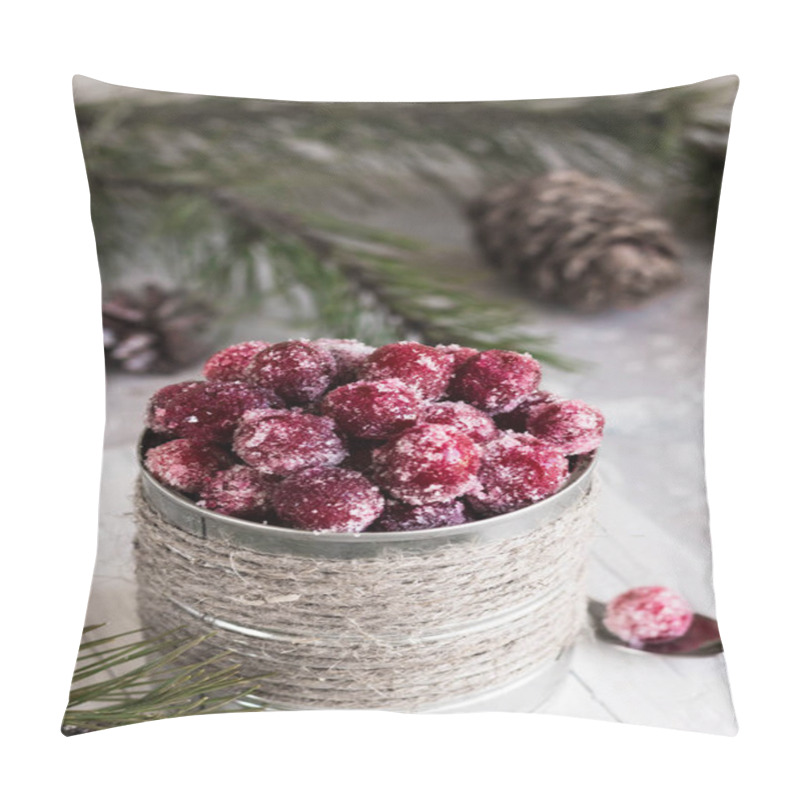 Personality  Candied Cranberries In A Tin Rustic Bank On The Background Of Fir Branches Pillow Covers