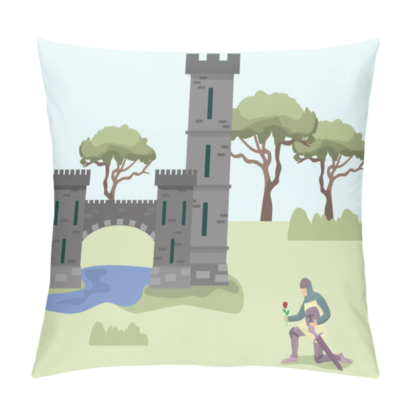 Personality  Knight Stands On One Knee In Front Of Medieval Princess Castle Palace. Knight Enamored Warrior In Armor, With Sword And Rose Flower In His Hand Asking For Woman Hand. Pillow Covers