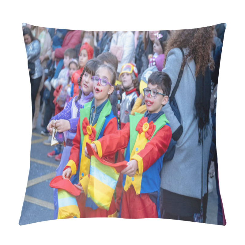 Personality  Joyful Kids In Jester Costumes At Outdoor Event Pillow Covers