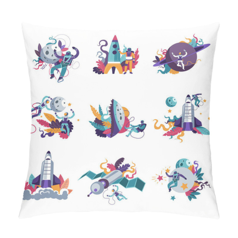 Personality  Astronautics Space And Universe Galaxy Exploration By People In Costumes Vector. Star And Moon Celestial Planet, Man In Suits, Astronauts With Rockets, Spaceship Decorated With Flowers And Foliage Pillow Covers