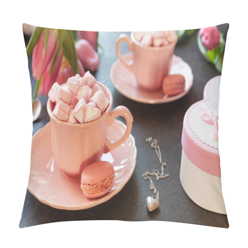 Personality  Two Pink Cups With Pink Heart Shaped Marshmallows With Macaroons, Pink Tulips,  Gift Box And Silver Heart Shape Pendant On Chain. Romantic Breakfast For Two. Close-up, Selective Focus. Pillow Covers