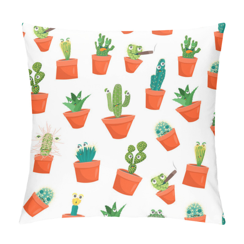 Personality  Cartoon Funny Cactus Characters Seamless Pattern Background. Vector Pillow Covers