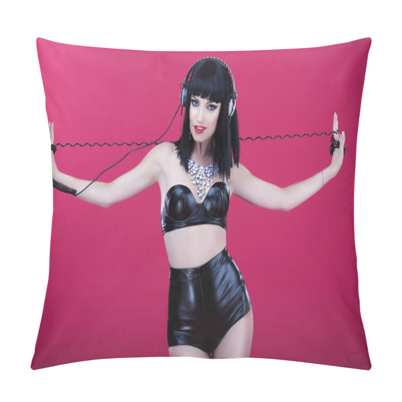 Personality  Clubbing. Woman With Headphones In Leather Latex Costume Pillow Covers