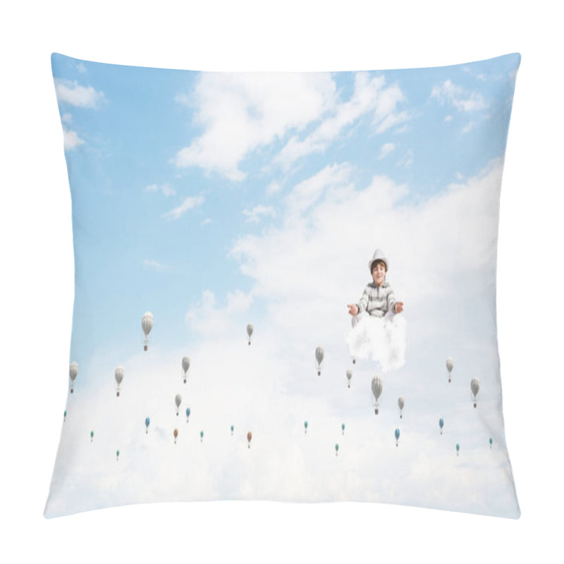 Personality  Young Little Boy Keeping Eyes Closed And Looking Concentrated While Meditating Among Flying Balloons In The Air With Cloudy Skyscape On Background. Pillow Covers