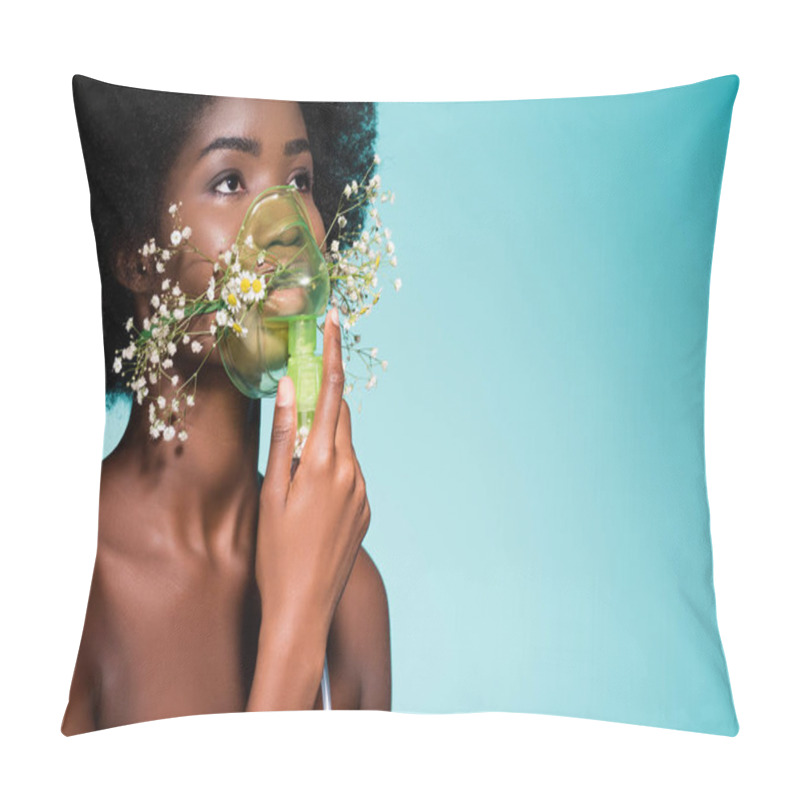 Personality  African American Young Woman With Flowers In Inhaler Isolated On Blue Background Pillow Covers