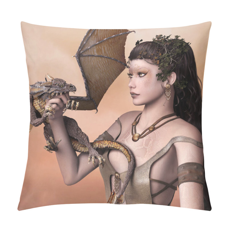 Personality  Portrait Of A Woman With A Little Dragon Pillow Covers