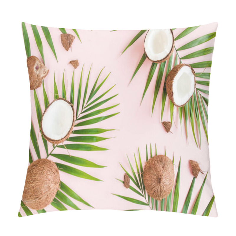 Personality  Pattern, Texture With Coconuts And Tropical Palm Leaves On Pink Background. Tropical Abstract Background. Flat Lay, Top View. Pillow Covers