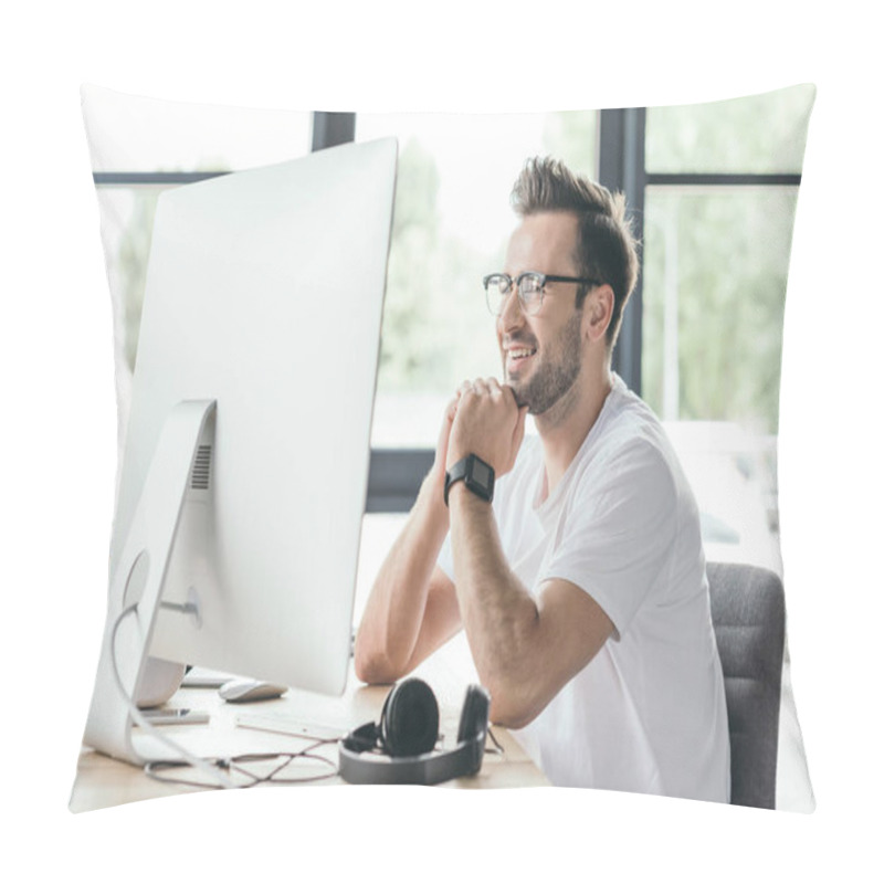 Personality  Smiling Young Programmer In Eyeglasses Using Desktop Computer At Workplace Pillow Covers