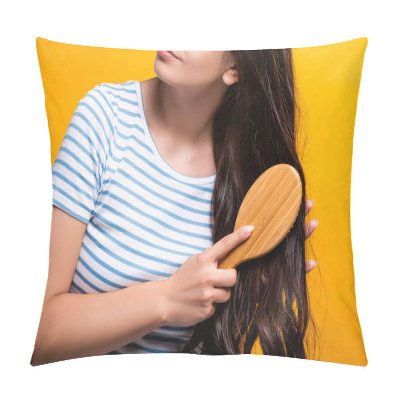 Personality  Cropped View Of Brunette Woman Brushing Hair Isolated On Yellow Pillow Covers