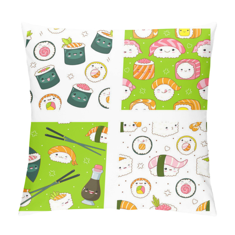 Personality  Set Of Seamless Pattern With Cute Sushi And Roll In Kawaii Style With Smiling Face. Japanese Traditional Cuisine Dishes. Endless Texture Can Be Used For Pattern Fills, Web Page Background. Vector EPS8 Pillow Covers