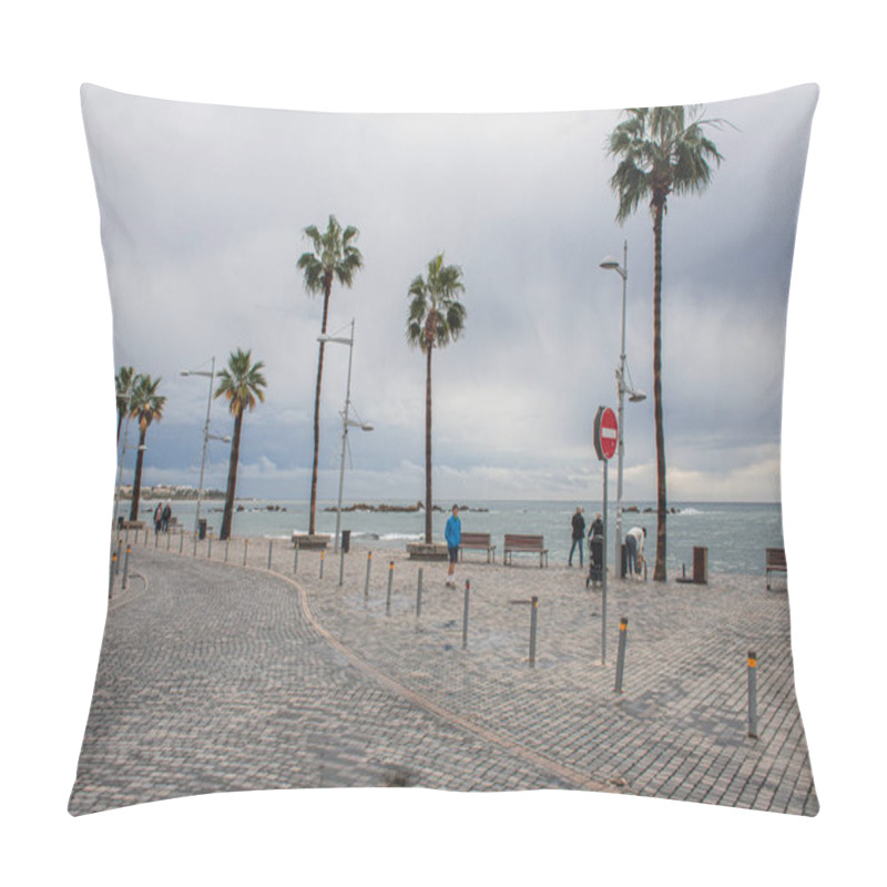 Personality  PAPHOS, CYPRUS - MARCH 31, 2020: Sea Shore With Palm Trees Near People On Street  Pillow Covers