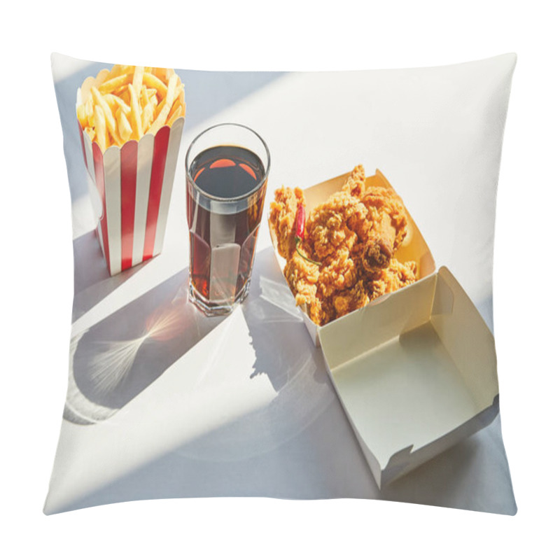 Personality  Tasty Deep Fried Chicken, French Fries And Soda In Glass On White Table In Sunlight Pillow Covers