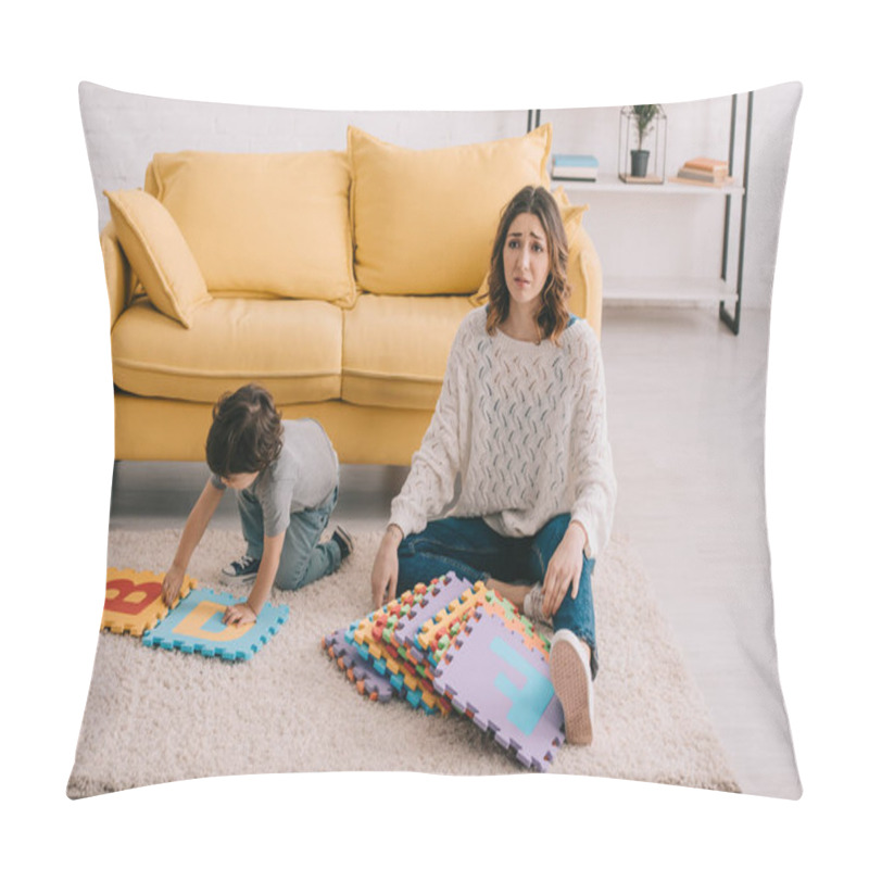 Personality  Sad Mother And Son Playing With Alphabet Puzzle Mat On Carpet Pillow Covers