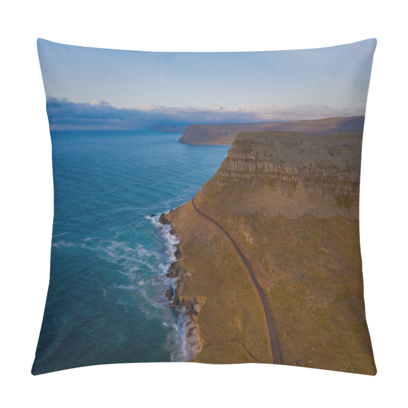 Personality  Stunning Latrabjarg Cliffs, Europe's Largest Bird Cliff And Home To Millions Of Birds. Western Fjords Of Iceland. Sunset In September 2019. Aerial Drone Shot Pillow Covers