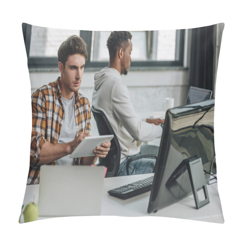 Personality  Young Programmer Using Digital Tablet While Sitting Near African American Colleague Pillow Covers