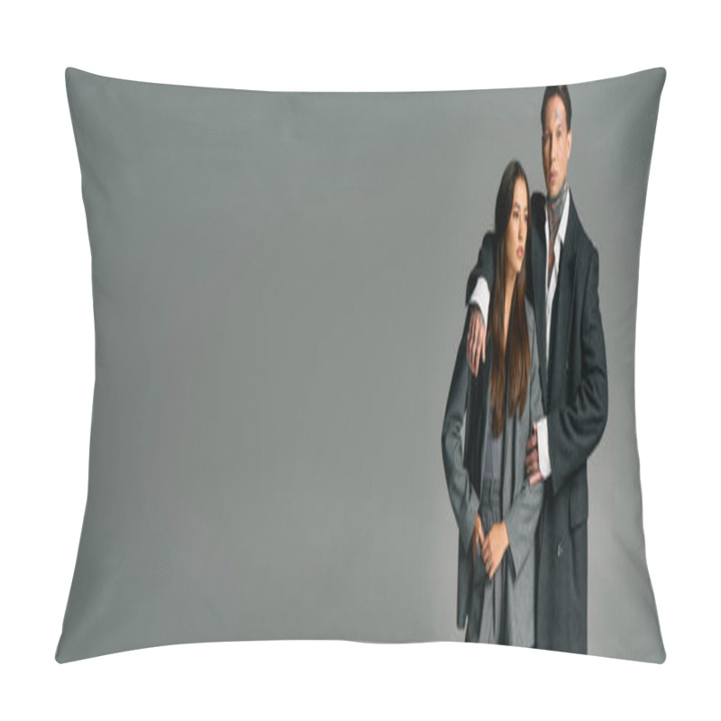 Personality  A Young Attractive Couple Showcases Their Chic Fashion Sense While Standing Together. Pillow Covers