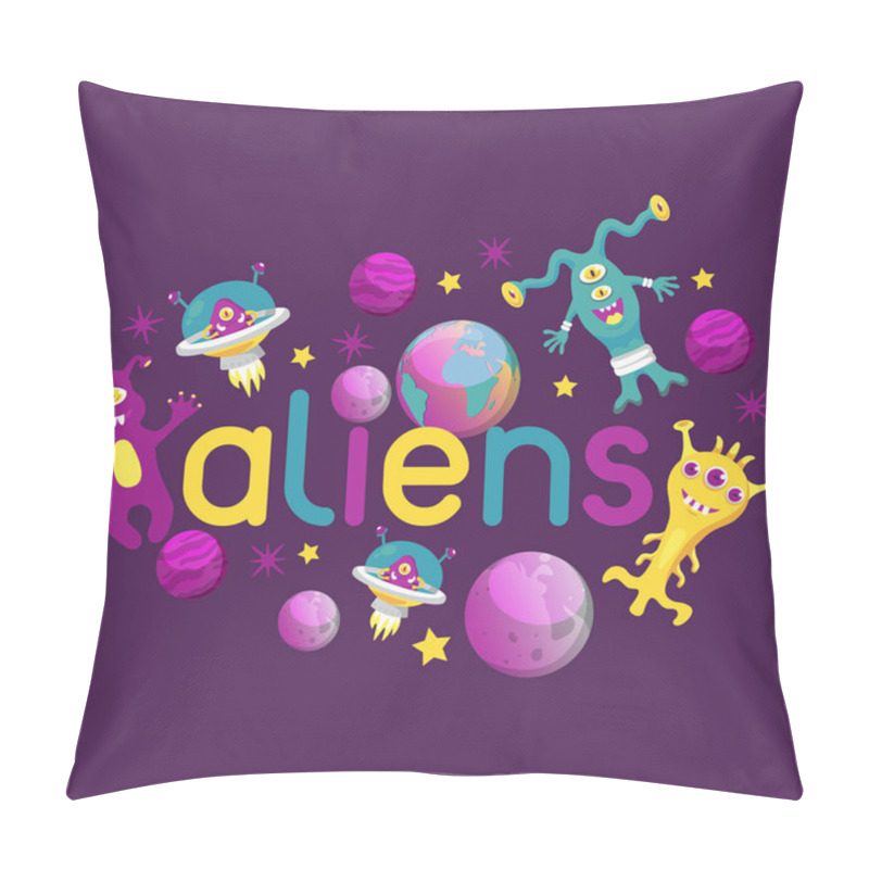 Personality  Monster Alien Poster, Banner Vector Illustration. Cartoon Monstrous Character, Cute Alienated Creature Or Funny Gremlin On Halloween For Kids. Spacecraft In Cosmos Among Stars. Pillow Covers