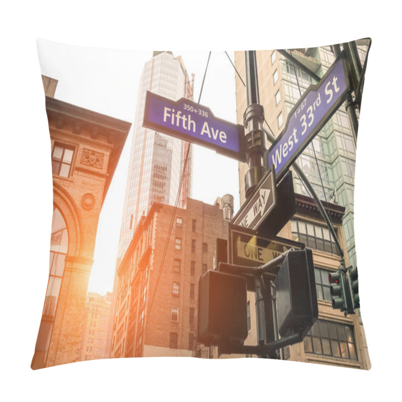 Personality  Street Sign Of Fifth Ave And West 33rd St At Sunset In New York City - Urban Concept And Road Direction In Manhattan Downtown - American World Famous Capital Destination On Warm Dramatic Filtered Look Pillow Covers