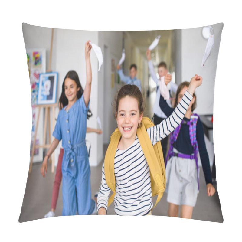 Personality  Group Of Cheerful Children Going Home From School After Covid-19 Quarantine And Lockdown. Pillow Covers