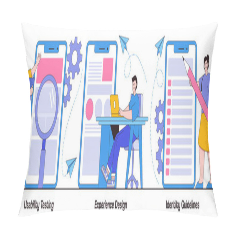 Personality  Usability Testing, Experience Design, Identity Guidelines Concept With People Character. App Prototyping Abstract Vector Illustration Set. User Friendly Interface Development, Branding Plan Metaphor. Pillow Covers