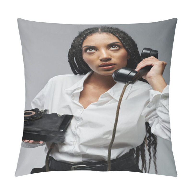 Personality  A Young Black Woman With Long Braids, Wearing A White Button-down Shirt And Black Pants, Speaks On An Old-fashioned Rotary Phone. Pillow Covers