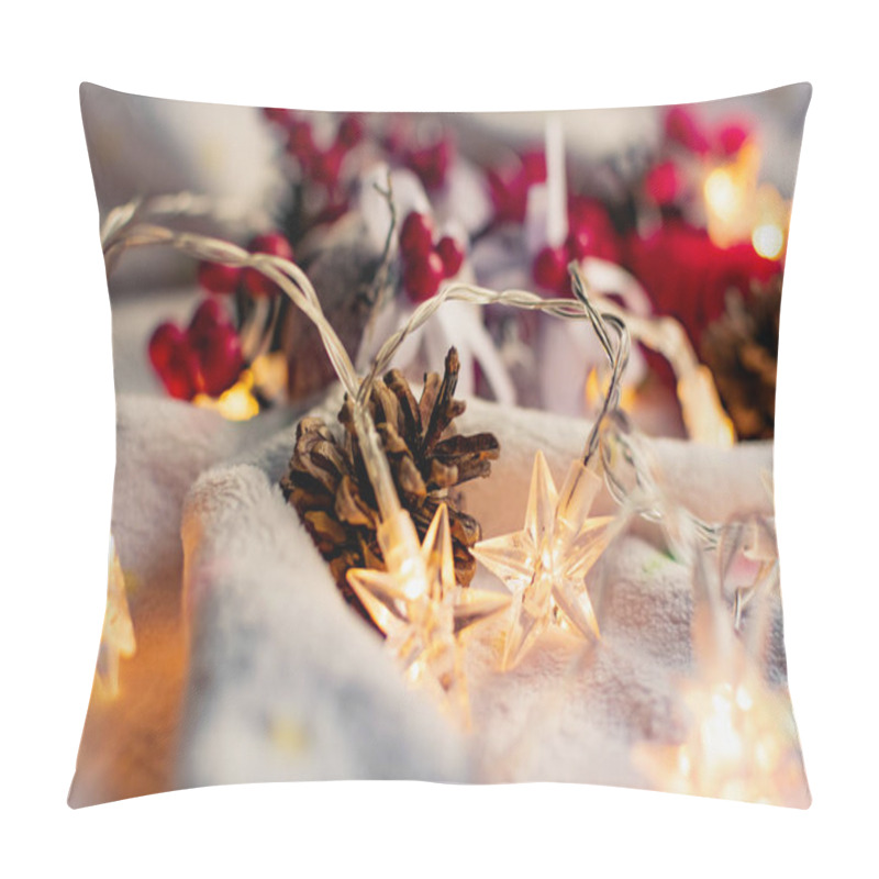 Personality  Christmas Decorations On A Soft Cozy White Blanket. Red Toys In The Form Of Balls And Berries, With Fir Cones. Around Yellow Lanterns Light Bulbs In The Form Of Stars. Elegant Composition For Christmas Pillow Covers