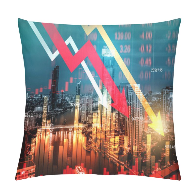 Personality  The Digital Indicators And Declining Graphs Of A Stock Market Crash Overlap The Backdrop Of A Modernistic City. Concept Of A Market Crash In Double Exposure. Pillow Covers