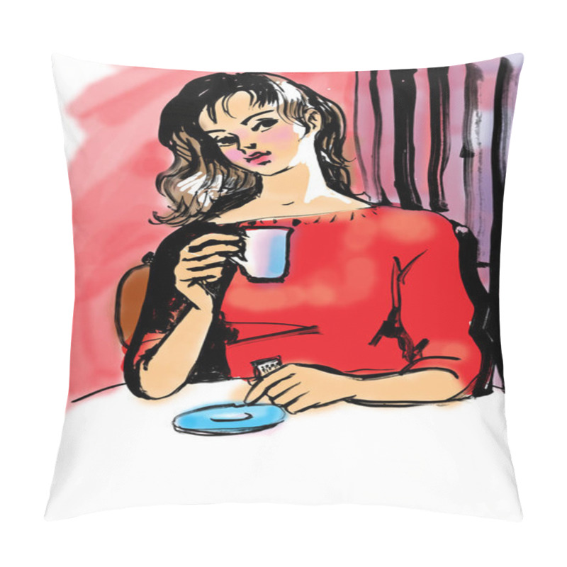 Personality  Girl With Long Hair Drink Tea In Cafe , Sketch Art   Pillow Covers