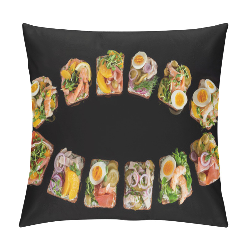 Personality  Top View Of Rye Bread With Prepared Danish Smorrebrod Sandwiches Isolated On Black  Pillow Covers