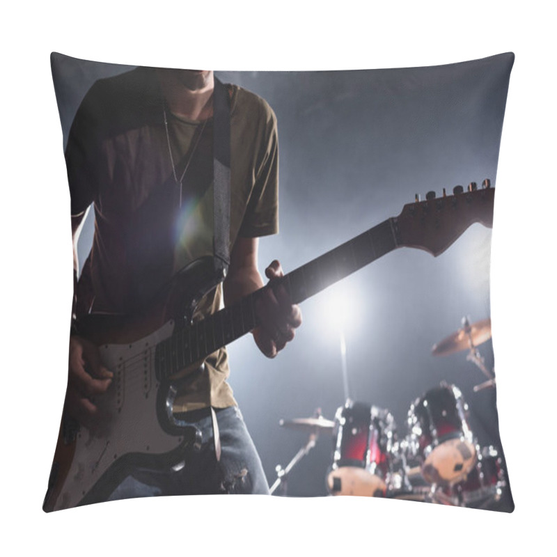 Personality  KYIV, UKRAINE - AUGUST 25, 2020: Cropped View Of Rock Band Musician Playing Electric Guitar With Blurred Drum Kit On Background Pillow Covers