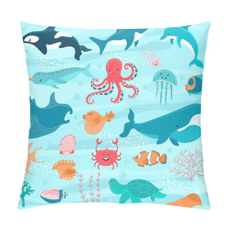 Personality  Sea Animals Vector Cartoon Ocean Characters Crab, Funny Octopus And Whale Underwater Illustration Marine Set. Cute Fishes Stingray, Happy Jellyfish And Dolphin Seabed With Shells Corals Pillow Covers