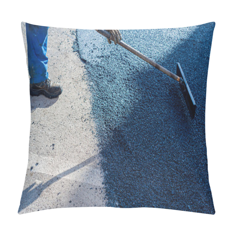 Personality  Worker regulate laying new asphalt to patch a bump in the road. pillow covers