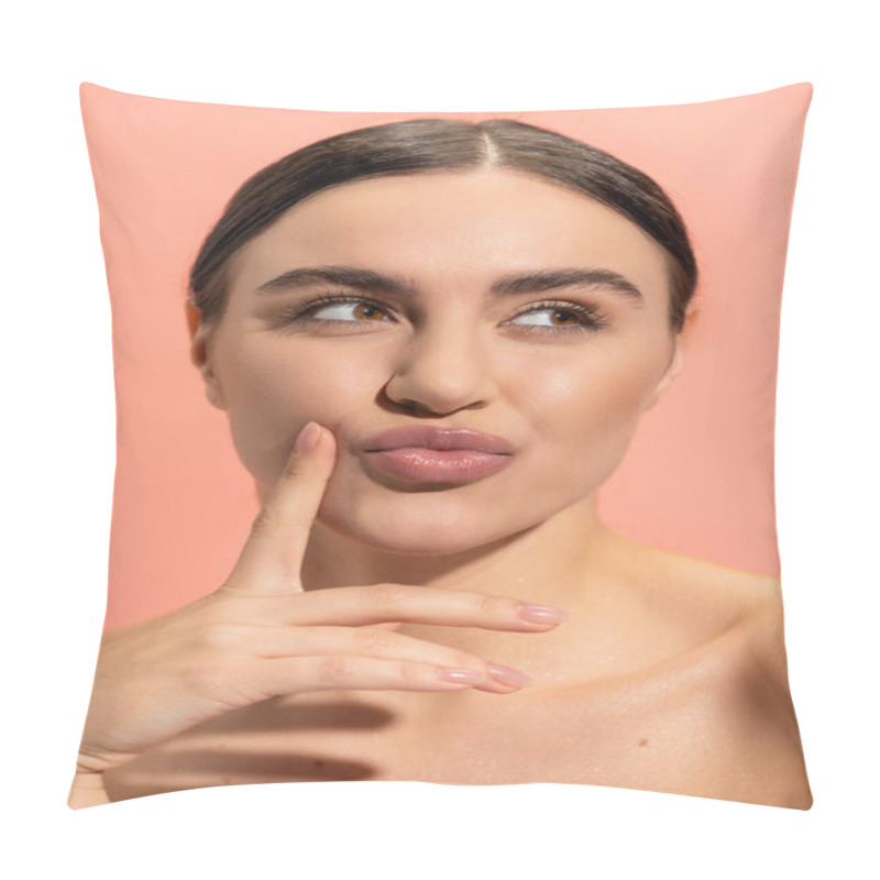 Personality  Young And Brunette Woman With Bare Shoulders Pouting Lips And Looking Away Isolated On Pink  Pillow Covers