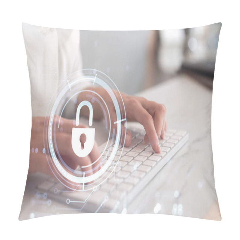 Personality  A Woman Programmer Is Typing A Code On Computer To Protect A Cyber Security From Hacker Attacks And Save Clients Confidential Data. Padlock Hologram Icons Over The Typing Hands. Formal Wear. Pillow Covers