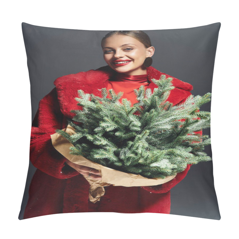 Personality  A Cheerful Young Woman In A Bright Red Coat Embraces A Beautifully Wrapped Evergreen Creation. Pillow Covers