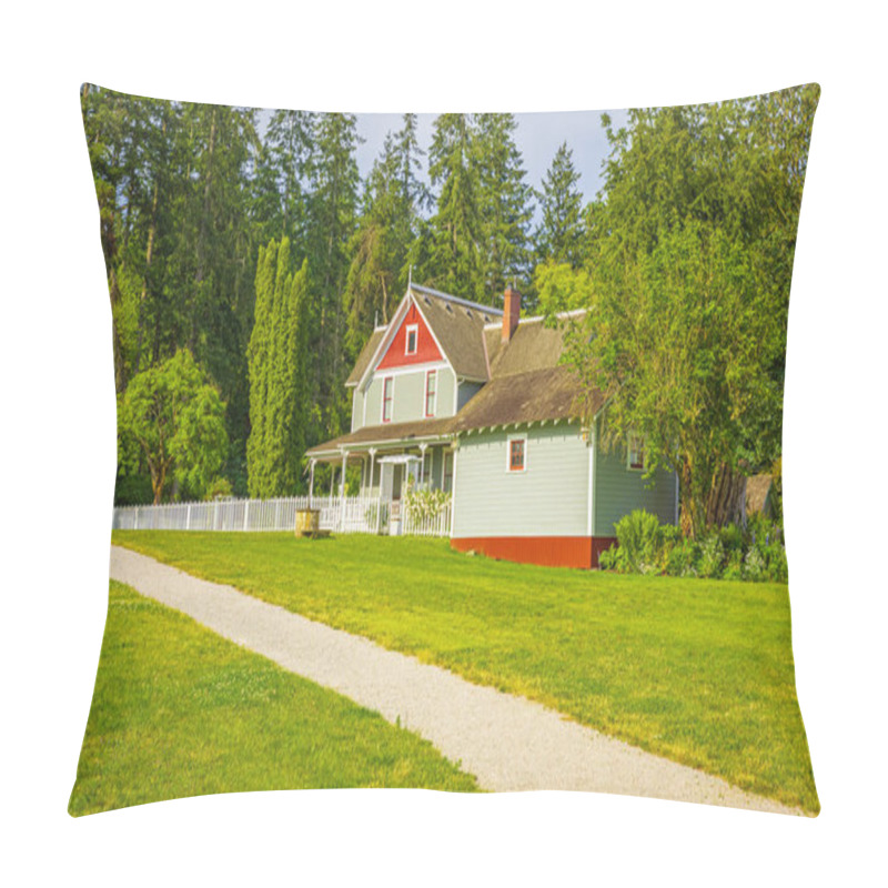 Personality  Beautiful Traditional Rural House In Countryside. Garden Design With A Blossom Colorful Flowers Bed In The Foreground. Green Lawn Grass And Fruit Trees In A Garden At Farmhouse And Relax Lounge Area Pillow Covers