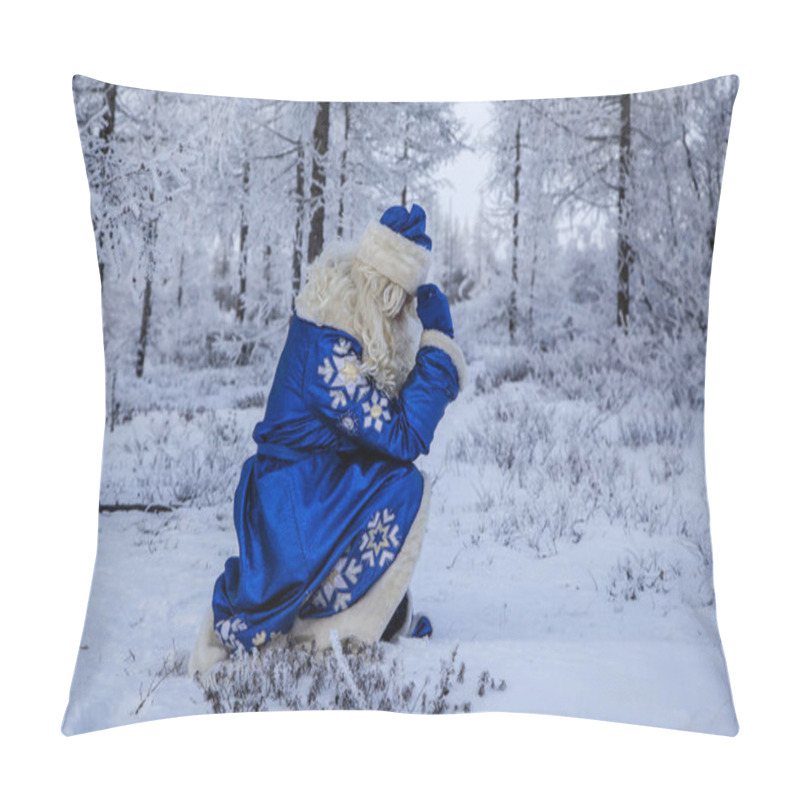 Personality  Christmas Theme, Sales, Happy  Santa Claus In A Snowy Forest, Santa On The Background Of A Winter Forest, Santa Is Sitting In The Snow, Remembers, I Forgot About The Bag With Gifts. Pillow Covers