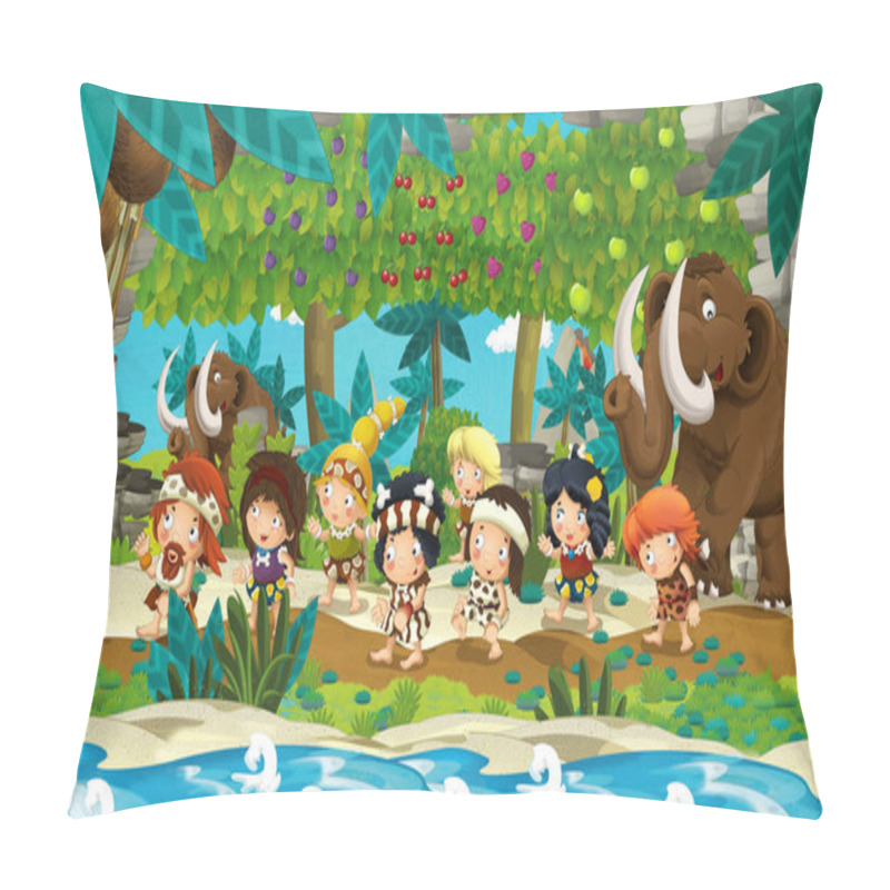 Personality  Cartoon Scene With Prehistoric Fishermen Near The River Traveling And Finding Fruit Trees On The Way - Illustration For Children Pillow Covers