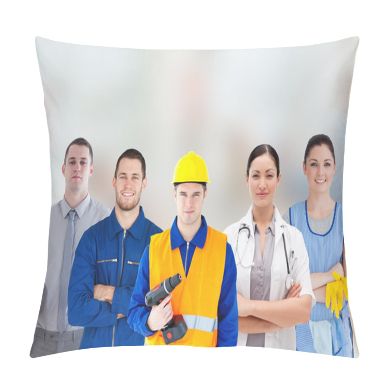 Personality  Smiling With Different Jobs Standing Arms Folded In Line Pillow Covers